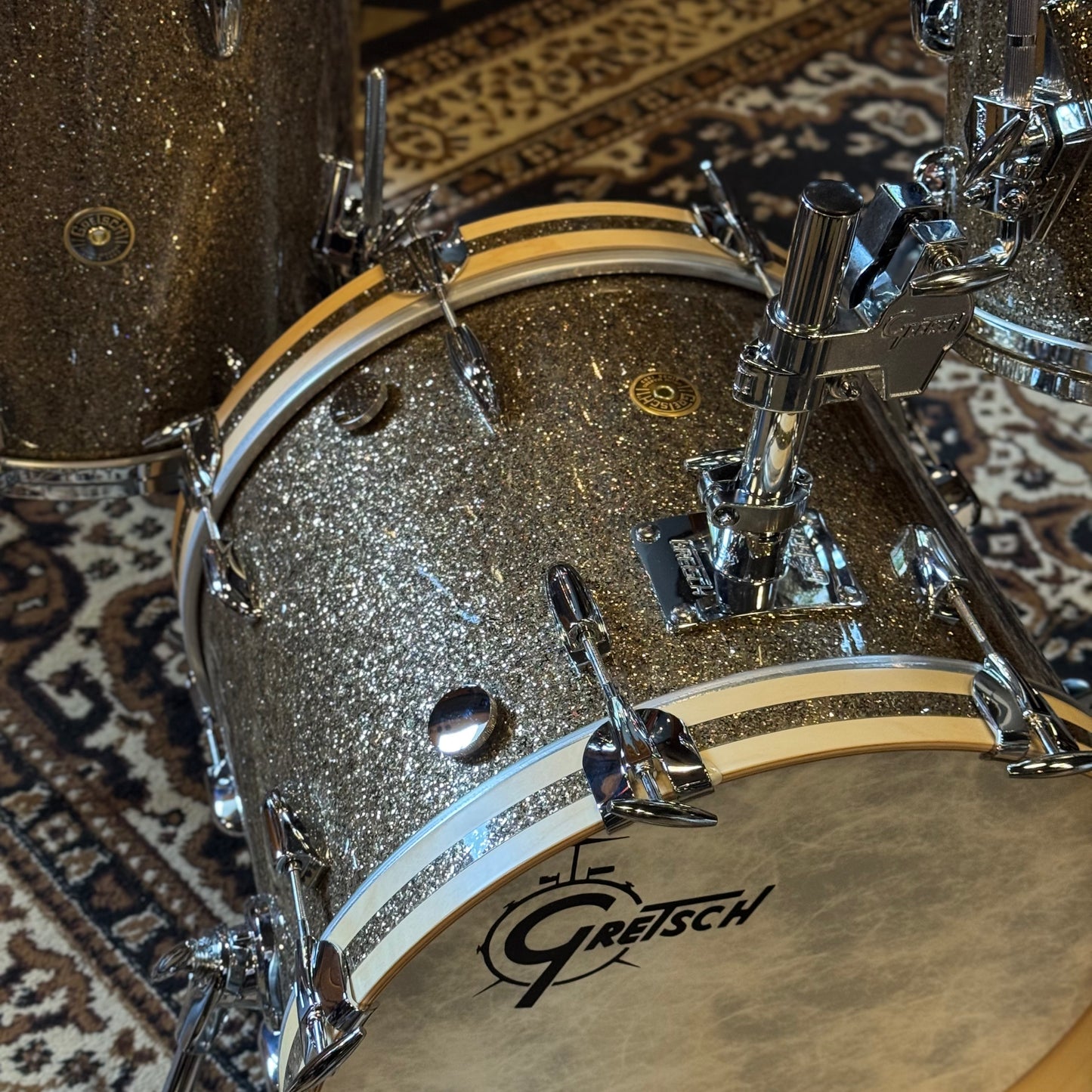 NEW Gretsch USA Custom in Ginger Glass Glitter w/ Satin Natural Bass Drum Hoops - 14x18, 8x12, 14x14