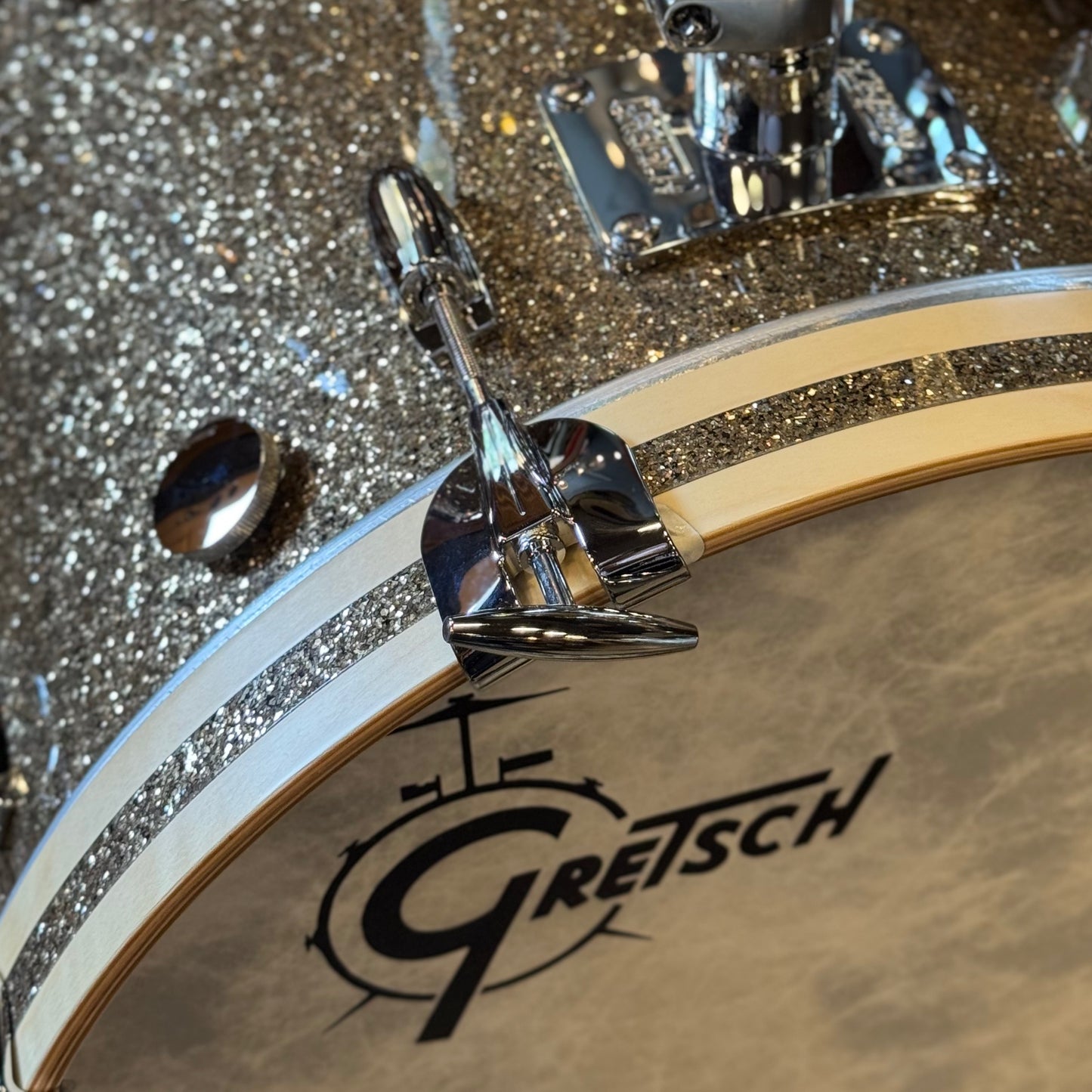 NEW Gretsch USA Custom in Ginger Glass Glitter w/ Satin Natural Bass Drum Hoops - 14x18, 8x12, 14x14