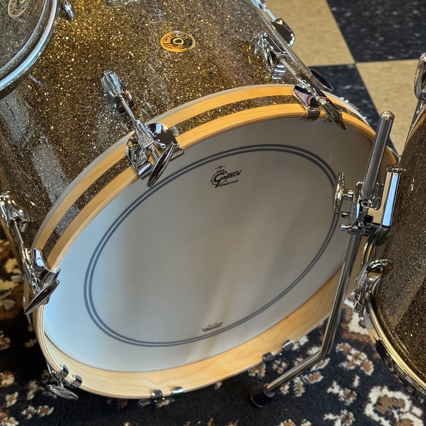 NEW Gretsch USA Custom in Ginger Glass Glitter w/ Satin Natural Bass Drum Hoops - 14x18, 8x12, 14x14