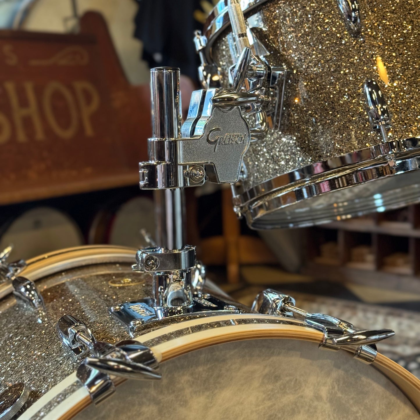 NEW Gretsch USA Custom in Ginger Glass Glitter w/ Satin Natural Bass Drum Hoops - 14x18, 8x12, 14x14