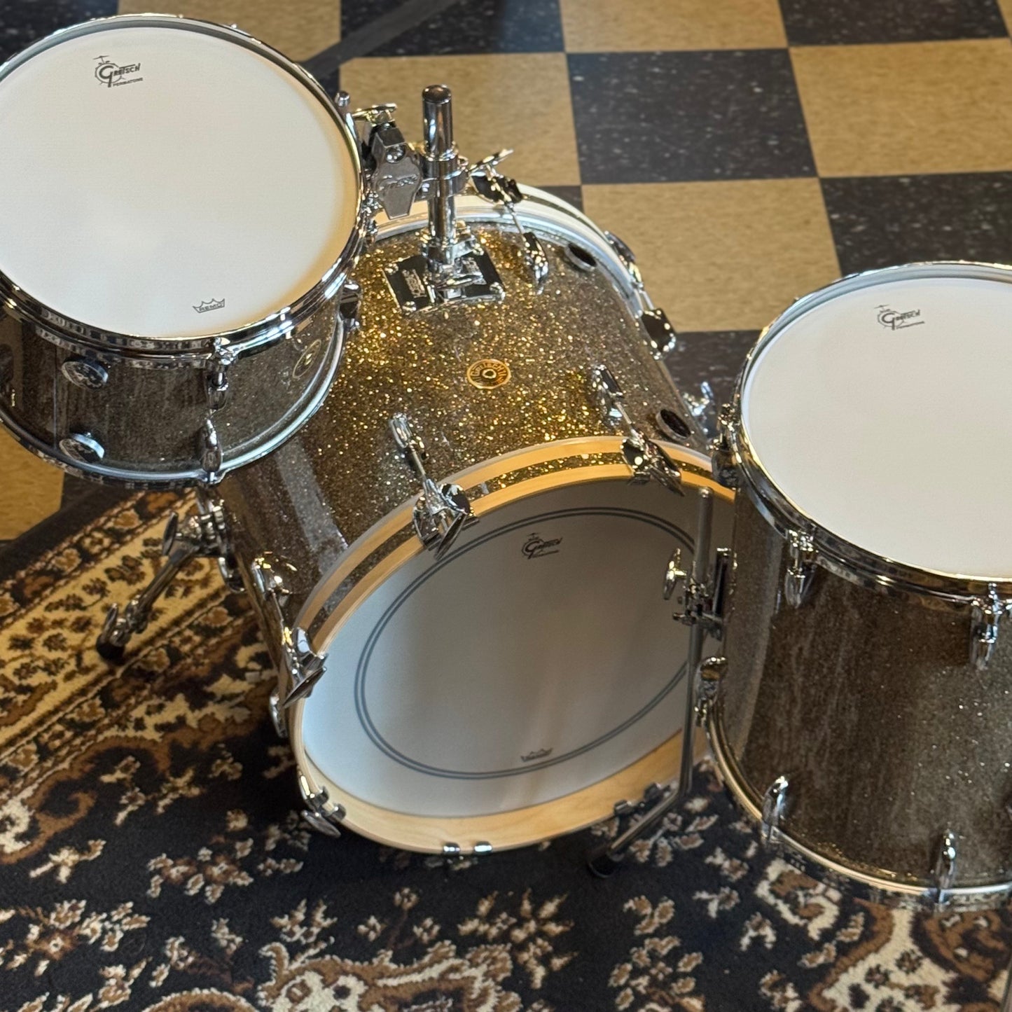NEW Gretsch USA Custom in Ginger Glass Glitter w/ Satin Natural Bass Drum Hoops - 14x18, 8x12, 14x14