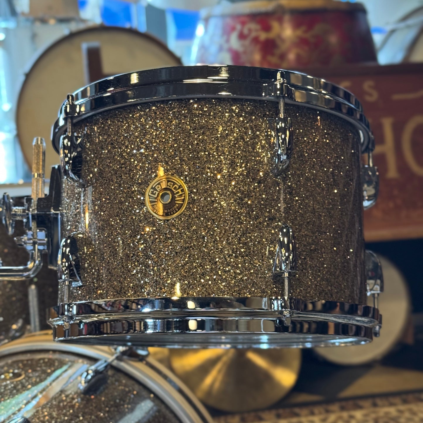 NEW Gretsch USA Custom in Ginger Glass Glitter w/ Satin Natural Bass Drum Hoops - 14x18, 8x12, 14x14