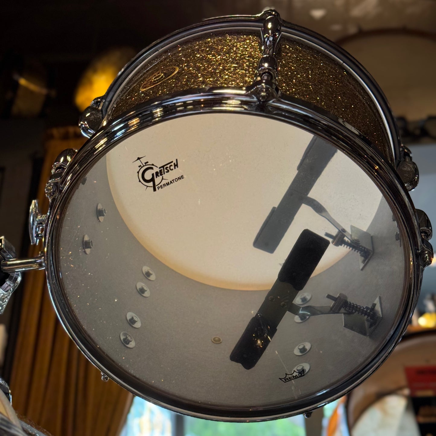NEW Gretsch USA Custom in Ginger Glass Glitter w/ Satin Natural Bass Drum Hoops - 14x18, 8x12, 14x14