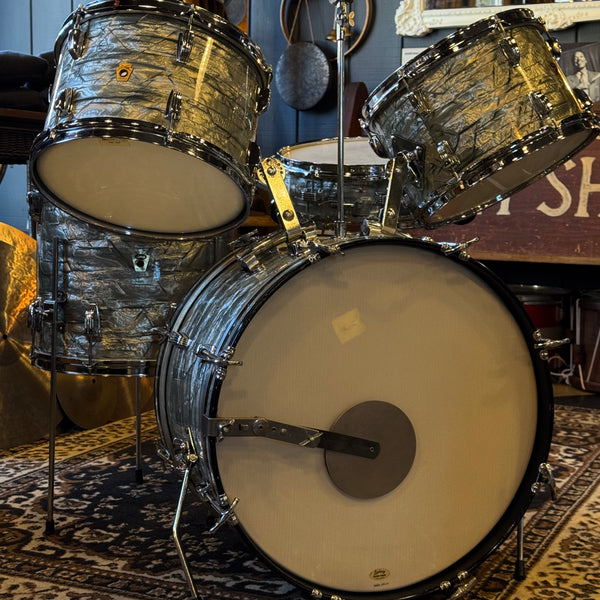 VINTAGE 1959-60 Ludwig Transition Badge Drum Set in Sky Blue Pearl w/ Matching Downbeat Snare - 12x20, 8x12, 8x12, 14x14, 4x14