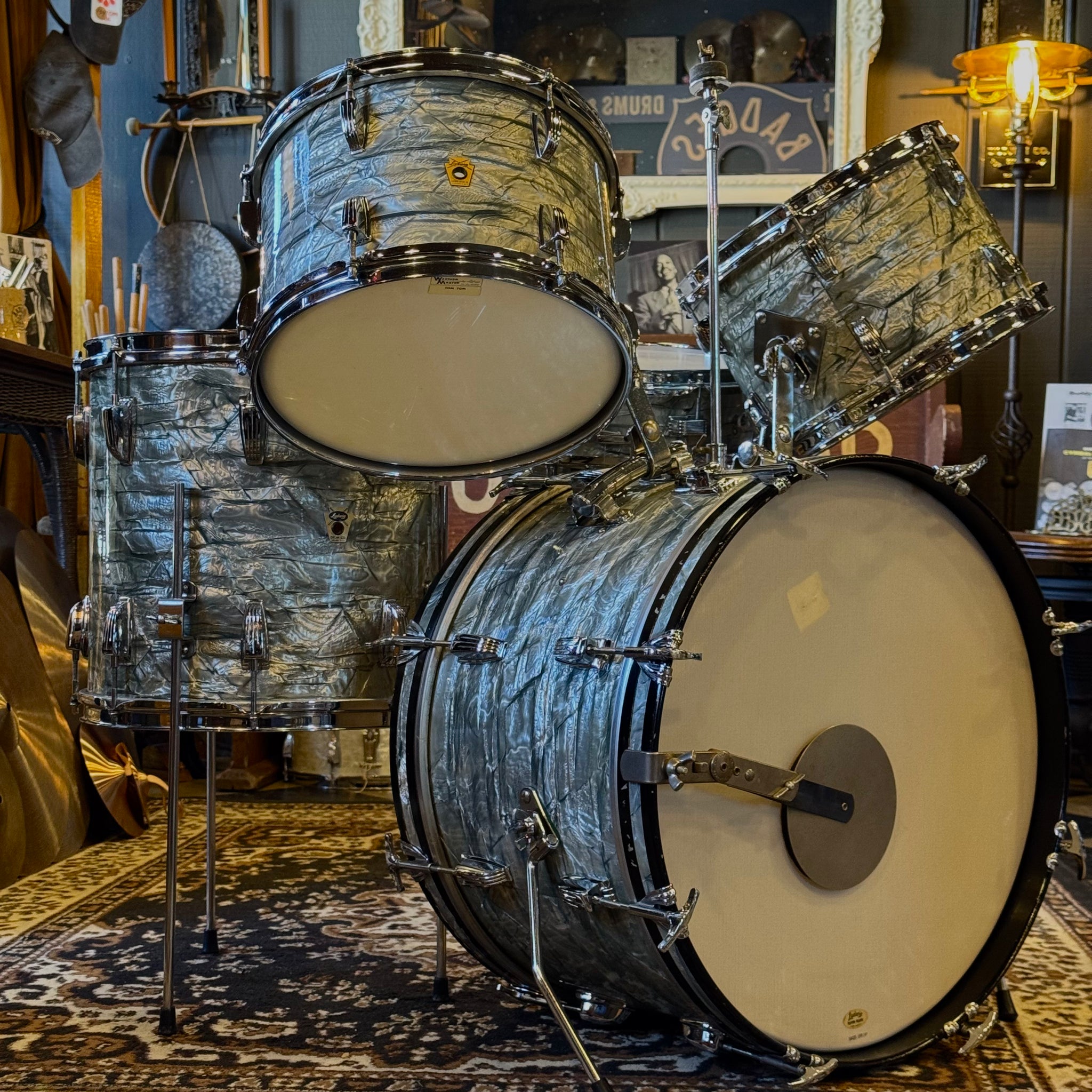 VINTAGE 1959-60 Ludwig Transition Badge Drum Set in Sky Blue Pearl w/ Matching Downbeat Snare - 12x20, 8x12, 8x12, 14x14, 4x14