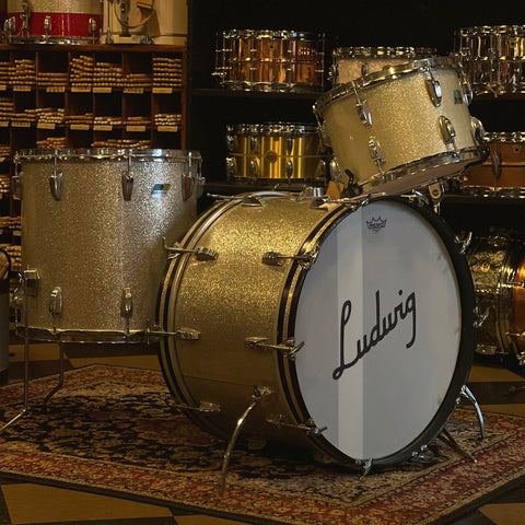 VINTAGE 1970's Ludwig Blue & Olive Badge Drum Set in Silver Sparkle - 14x22, 9x13, 16x16