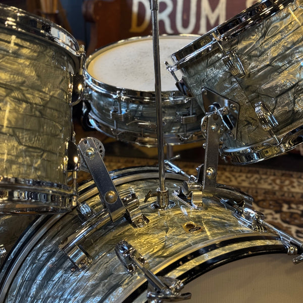 VINTAGE 1959-60 Ludwig Transition Badge Drum Set in Sky Blue Pearl w/ Matching Downbeat Snare - 12x20, 8x12, 8x12, 14x14, 4x14