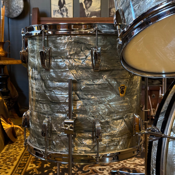 VINTAGE 1959-60 Ludwig Transition Badge Drum Set in Sky Blue Pearl w/ Matching Downbeat Snare - 12x20, 8x12, 8x12, 14x14, 4x14