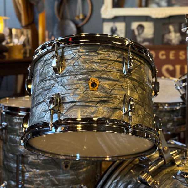 VINTAGE 1959-60 Ludwig Transition Badge Drum Set in Sky Blue Pearl w/ Matching Downbeat Snare - 12x20, 8x12, 8x12, 14x14, 4x14