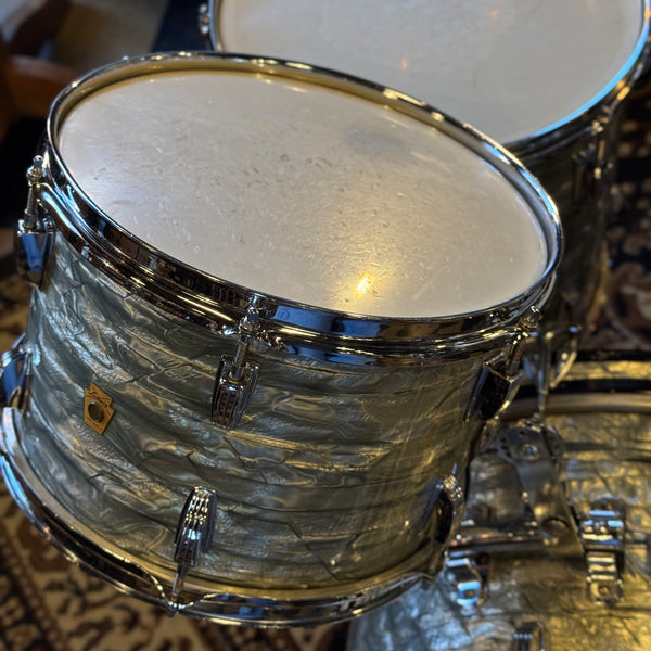 VINTAGE 1959-60 Ludwig Transition Badge Drum Set in Sky Blue Pearl w/ Matching Downbeat Snare - 12x20, 8x12, 8x12, 14x14, 4x14