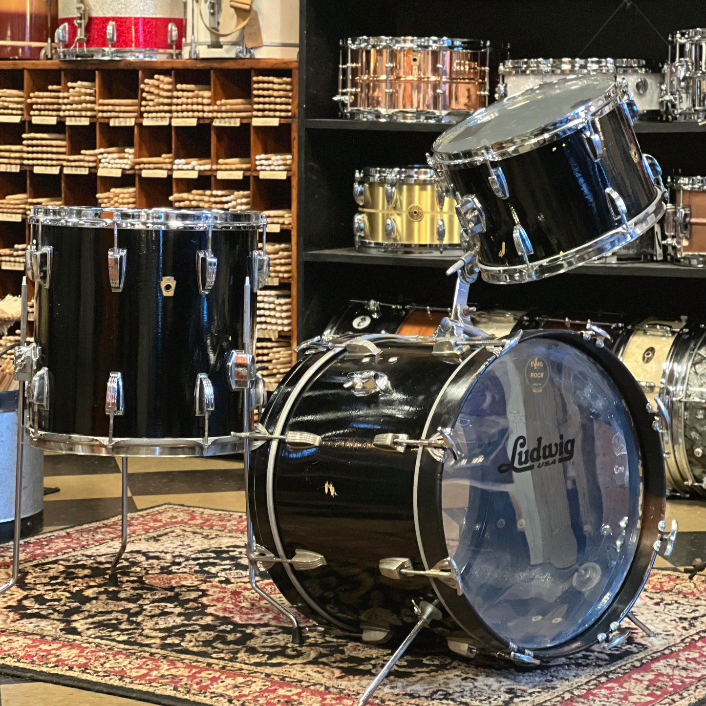 VINTAGE 1966 Ludwig "Jazzette" in Black Duco - 14x18, 8x12, 14x14