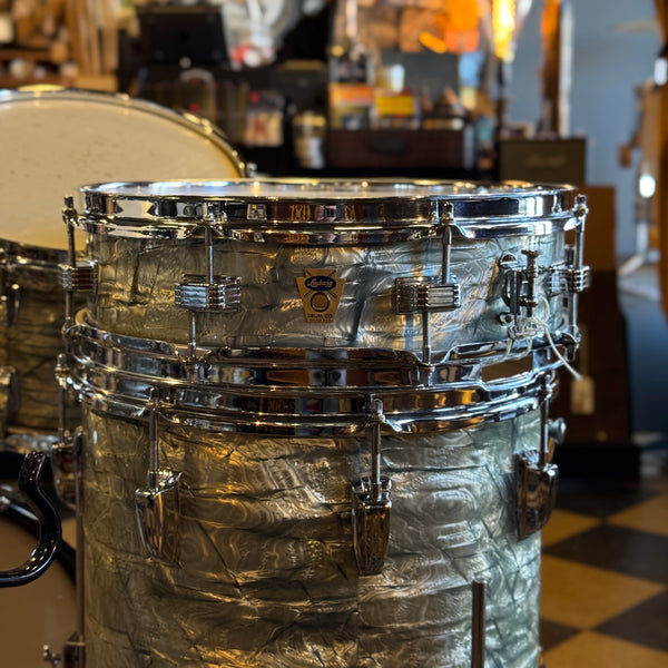 VINTAGE 1959-60 Ludwig Transition Badge Drum Set in Sky Blue Pearl w/ Matching Downbeat Snare - 12x20, 8x12, 8x12, 14x14, 4x14