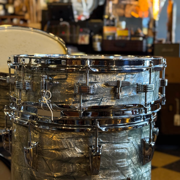 VINTAGE 1959-60 Ludwig Transition Badge Drum Set in Sky Blue Pearl w/ Matching Downbeat Snare - 12x20, 8x12, 8x12, 14x14, 4x14