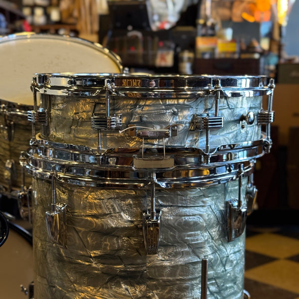 VINTAGE 1959-60 Ludwig Transition Badge Drum Set in Sky Blue Pearl w/ Matching Downbeat Snare - 12x20, 8x12, 8x12, 14x14, 4x14