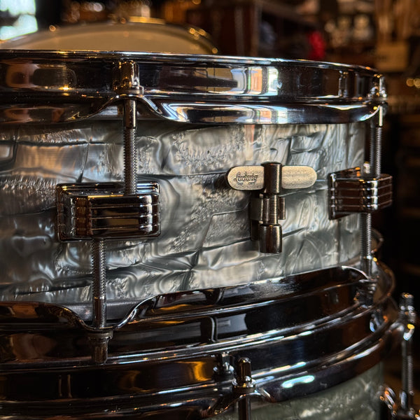 VINTAGE 1959-60 Ludwig Transition Badge Drum Set in Sky Blue Pearl w/ Matching Downbeat Snare - 12x20, 8x12, 8x12, 14x14, 4x14