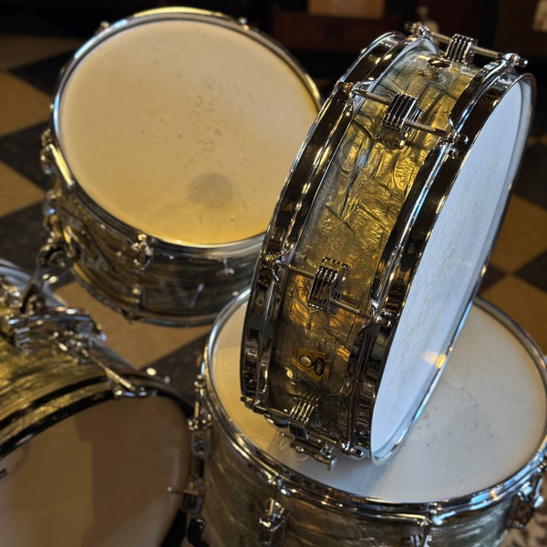 VINTAGE 1959-60 Ludwig Transition Badge Drum Set in Sky Blue Pearl w/ Matching Downbeat Snare - 12x20, 8x12, 8x12, 14x14, 4x14