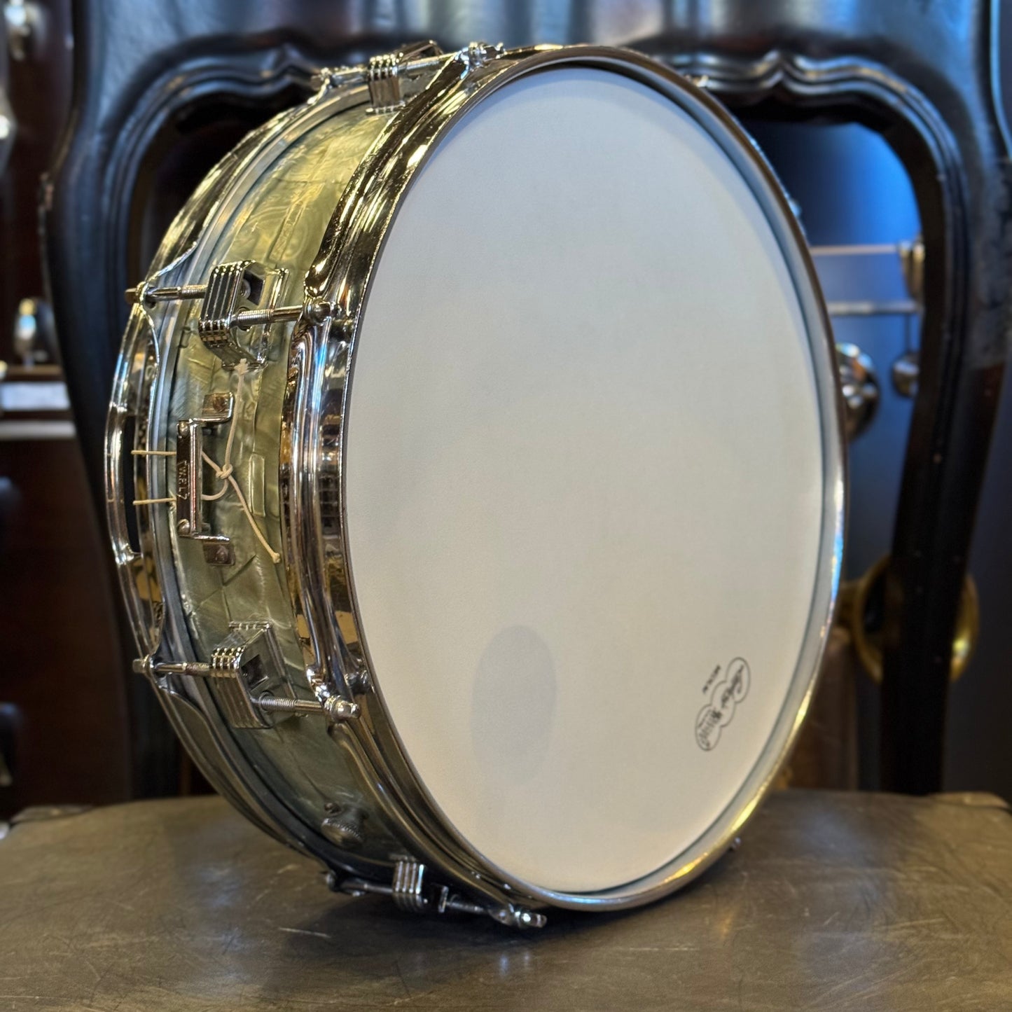VINTAGE 1950's Ludwig 4x14 Transition Badge Downbeat Snare Drum in Sky Blue Pearl