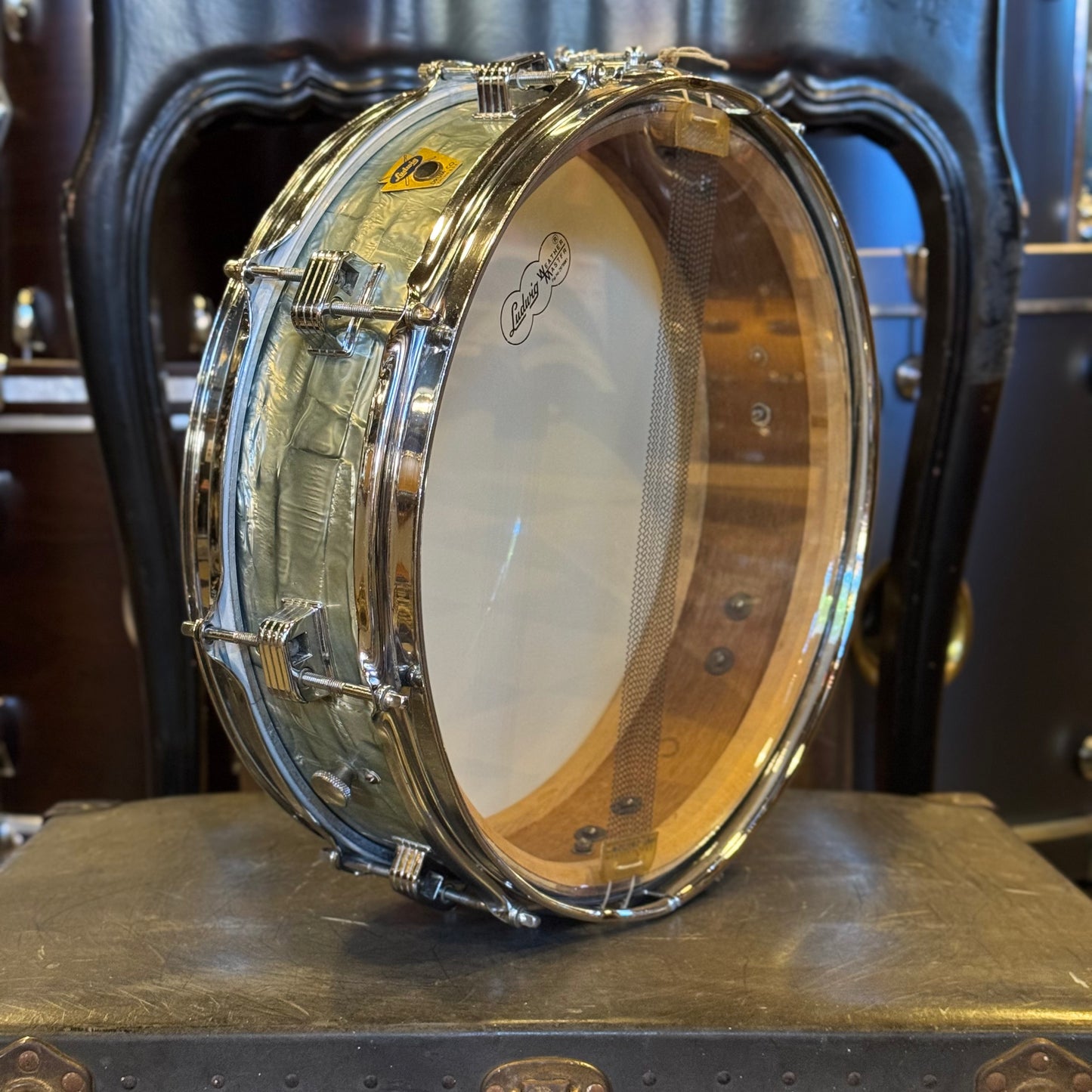 VINTAGE 1950's Ludwig 4x14 Transition Badge Downbeat Snare Drum in Sky Blue Pearl