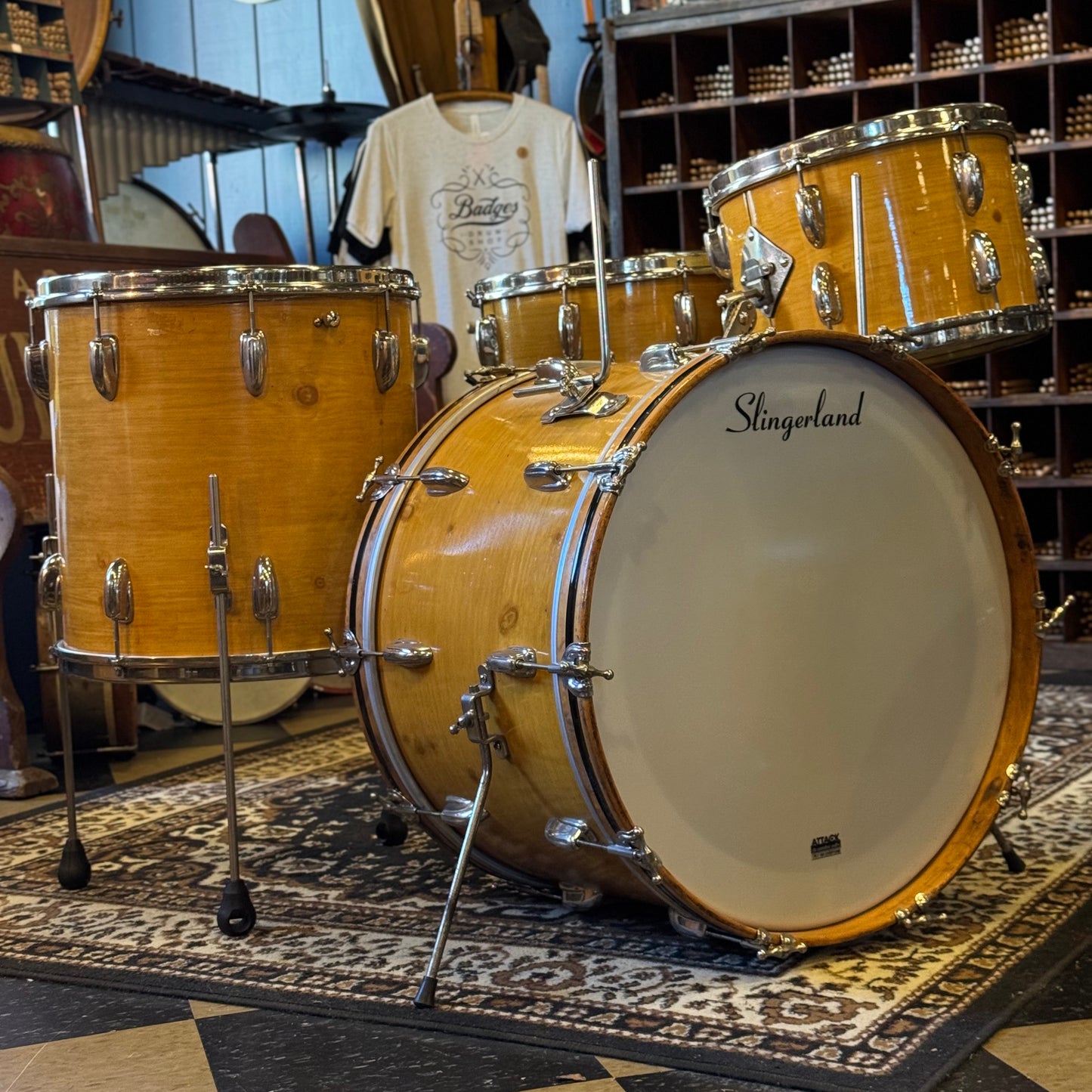 VINTAGE 1950's Slingerland 4pc Radio King Gene Krupa Outfit in Knotty Pine - 14x22, 9x13, 16x16, 5x14