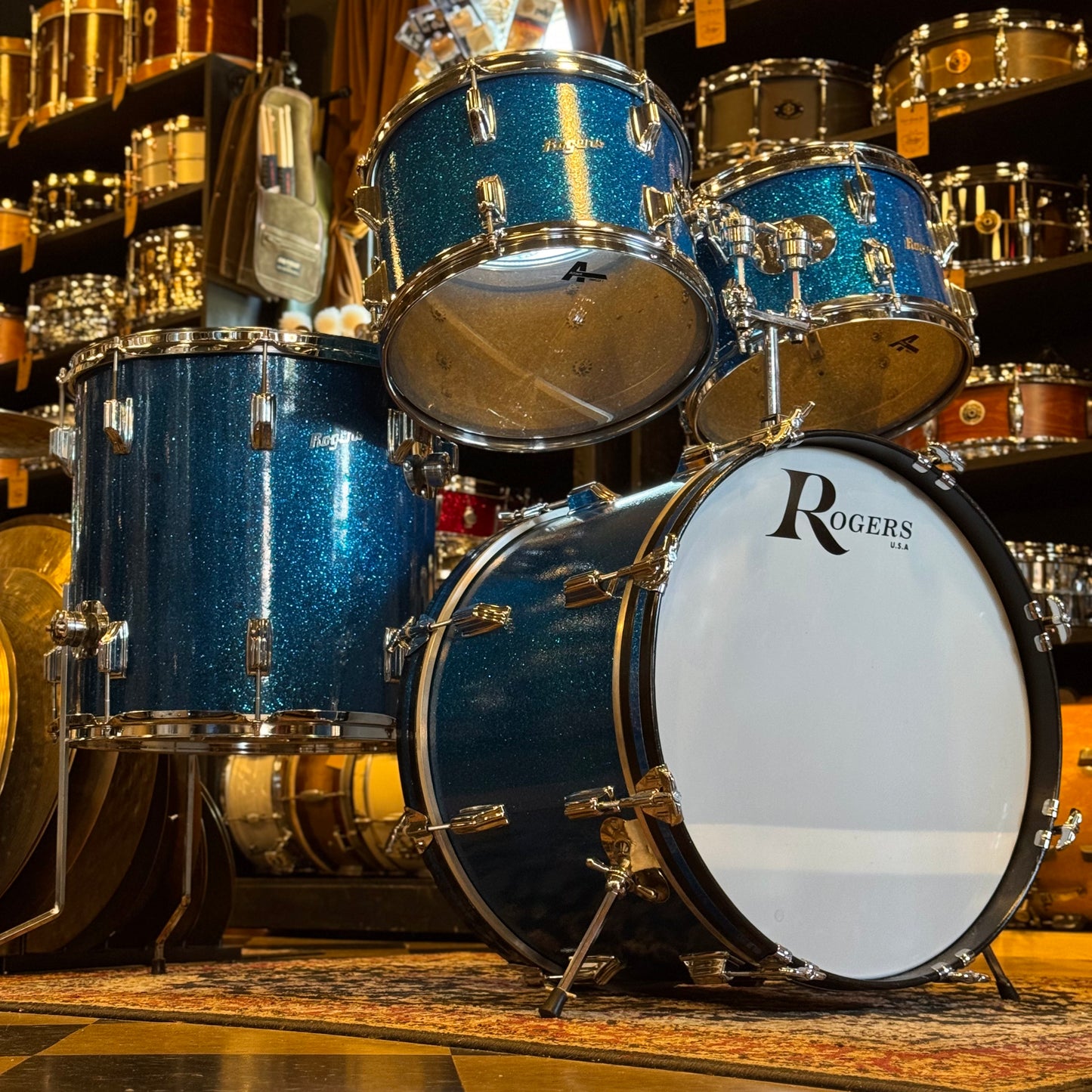 VINTAGE 1960's Rogers Fullerton/Cleveland Era Drum Set in Blue Sparkle - 14x20, 8x12, 9x13, 16x16