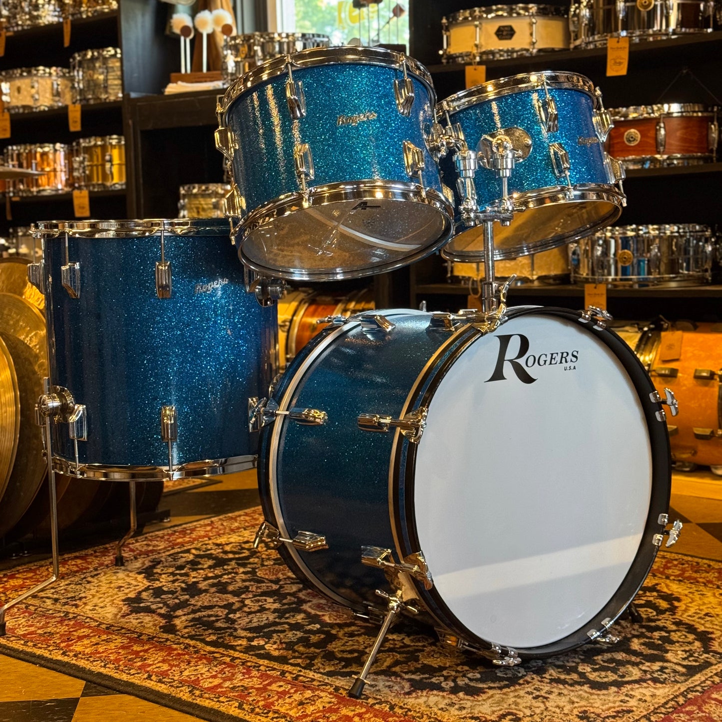 VINTAGE 1960's Rogers Fullerton/Cleveland Era Drum Set in Blue Sparkle - 14x20, 8x12, 9x13, 16x16