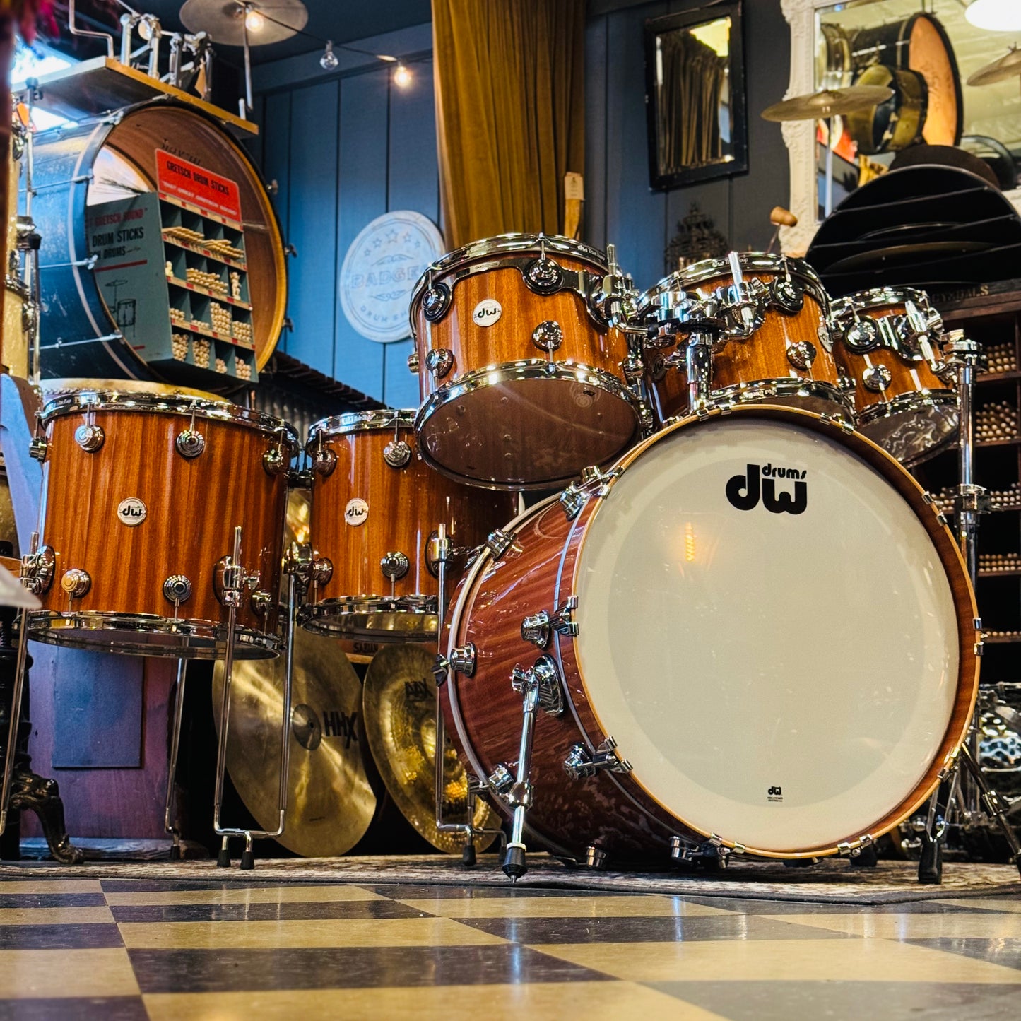 Walfredo Reyes Collection DW Collectors Cherry Mahogany Drum Set in Natural Gloss over Mahogany Veneer - 18x23, 8x10, 9x12, 9x13, 12x14, 14x16 + 6.5x14 Snare Drum