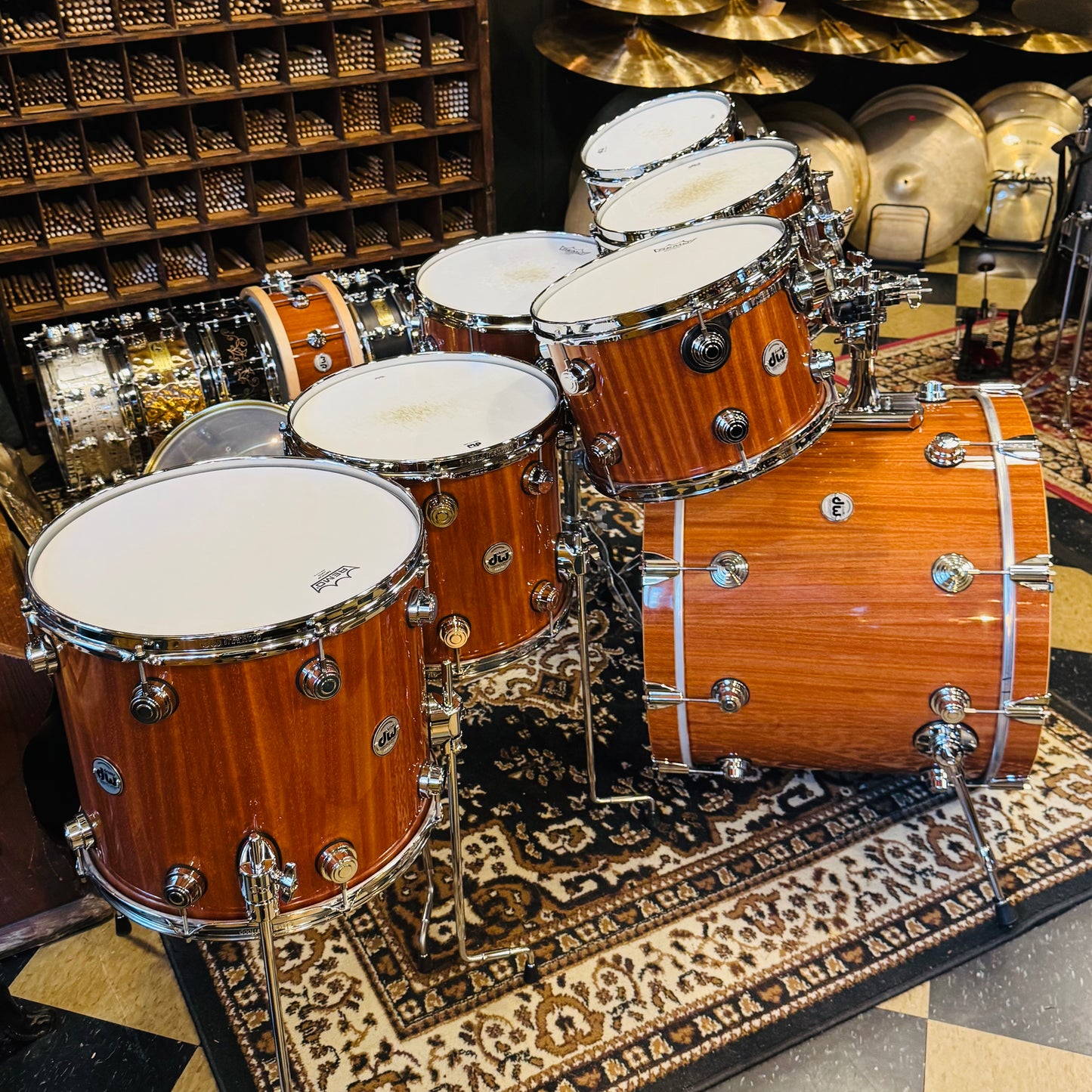 Walfredo Reyes Collection DW Collectors Cherry Mahogany Drum Set in Natural Gloss over Mahogany Veneer - 18x23, 8x10, 9x12, 9x13, 12x14, 14x16 + 6.5x14 Snare Drum