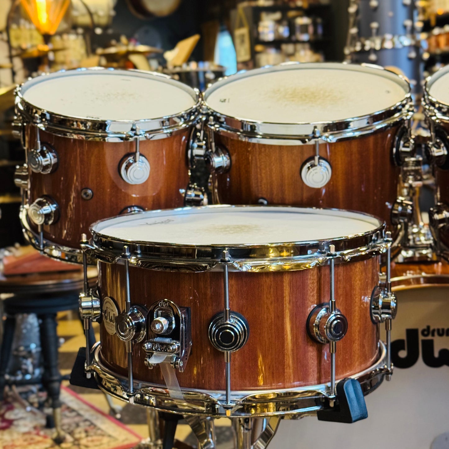 Walfredo Reyes Collection DW Collectors Cherry Mahogany Drum Set in Natural Gloss over Mahogany Veneer - 18x23, 8x10, 9x12, 9x13, 12x14, 14x16 + 6.5x14 Snare Drum