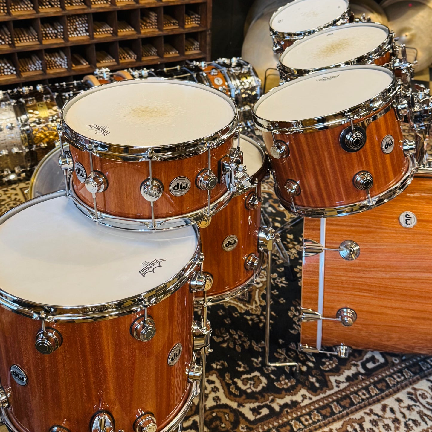Walfredo Reyes Collection DW Collectors Cherry Mahogany Drum Set in Natural Gloss over Mahogany Veneer - 18x23, 8x10, 9x12, 9x13, 12x14, 14x16 + 6.5x14 Snare Drum