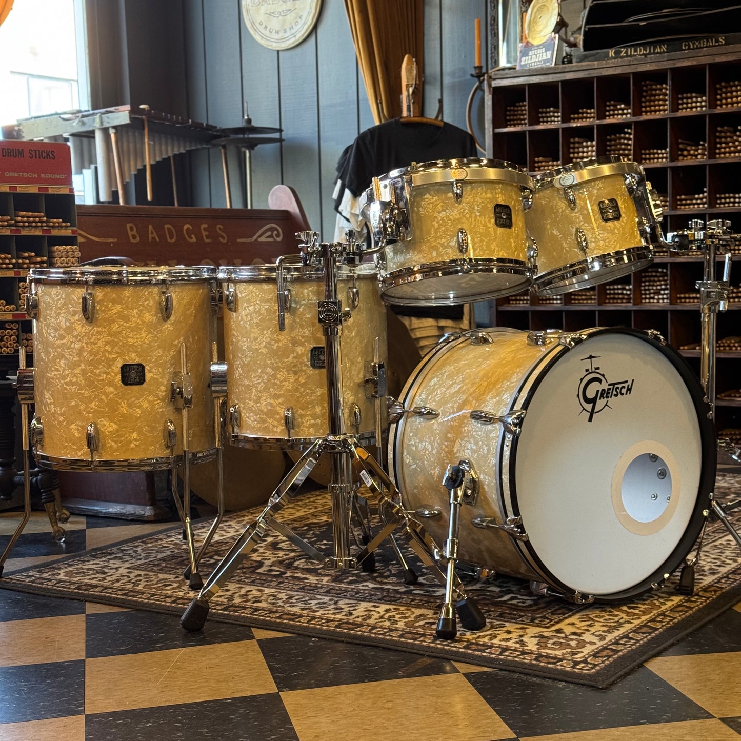 USED 1990's Gretsch USA Square Badge Drum Set in White Marine Pearl - 14x20, 8x10, 8x12, 14x14, 16x16