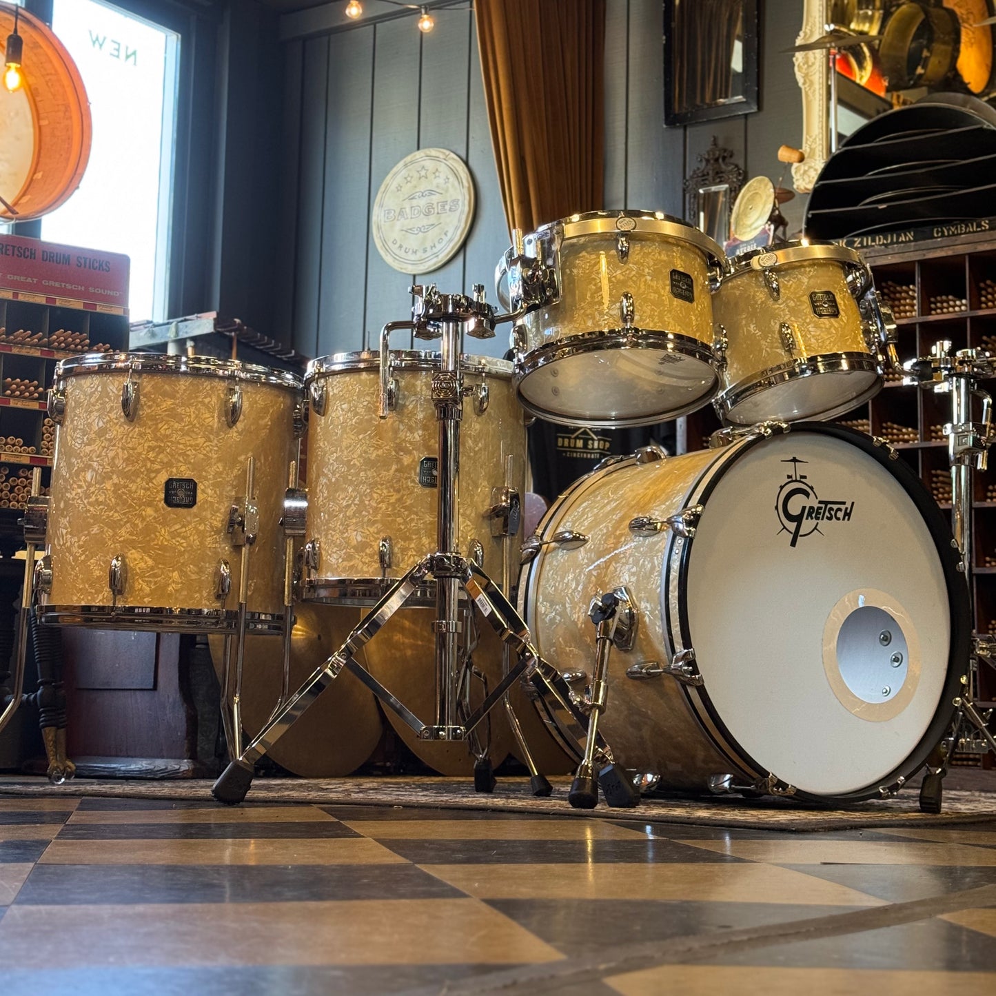 USED 1990's Gretsch USA Square Badge Drum Set in White Marine Pearl - 14x20, 8x10, 8x12, 14x14, 16x16