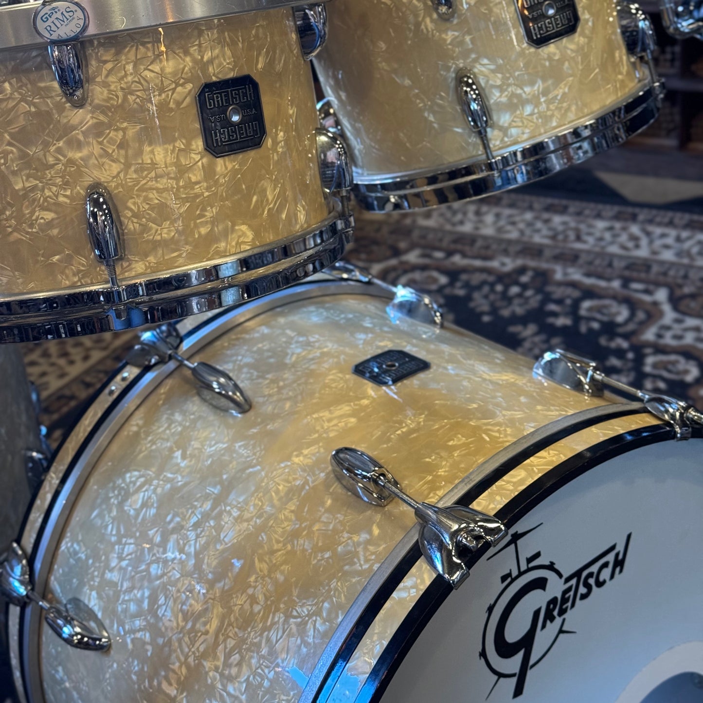 USED 1990's Gretsch USA Square Badge Drum Set in White Marine Pearl - 14x20, 8x10, 8x12, 14x14, 16x16
