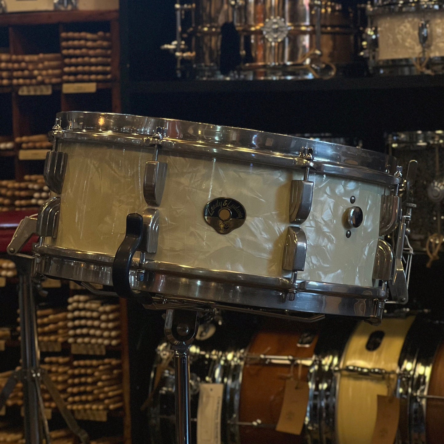 VINTAGE 1950's Leedy & Ludwig Drum Set in White Marine Pearl - 14x24, 9x13, 16x16, w/ 5.5x14 Snare