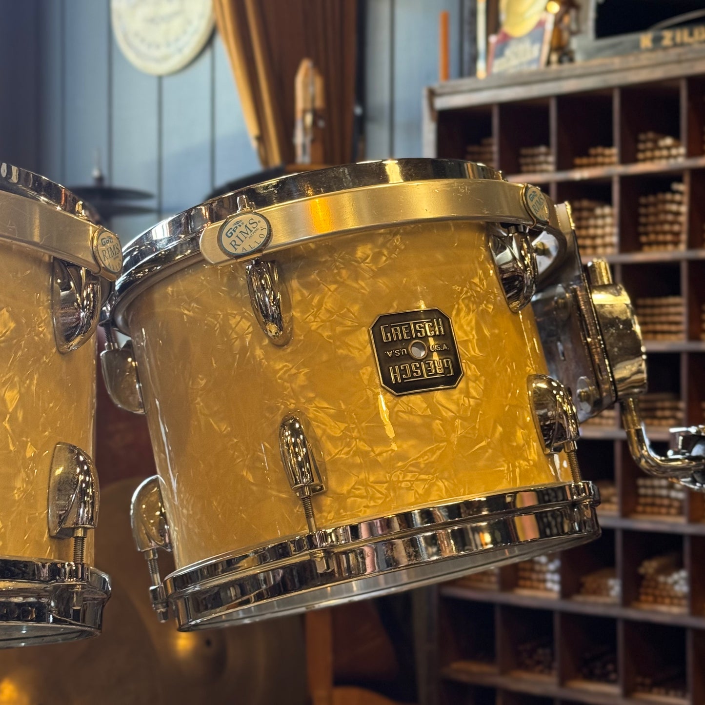 USED 1990's Gretsch USA Square Badge Drum Set in White Marine Pearl - 14x20, 8x10, 8x12, 14x14, 16x16