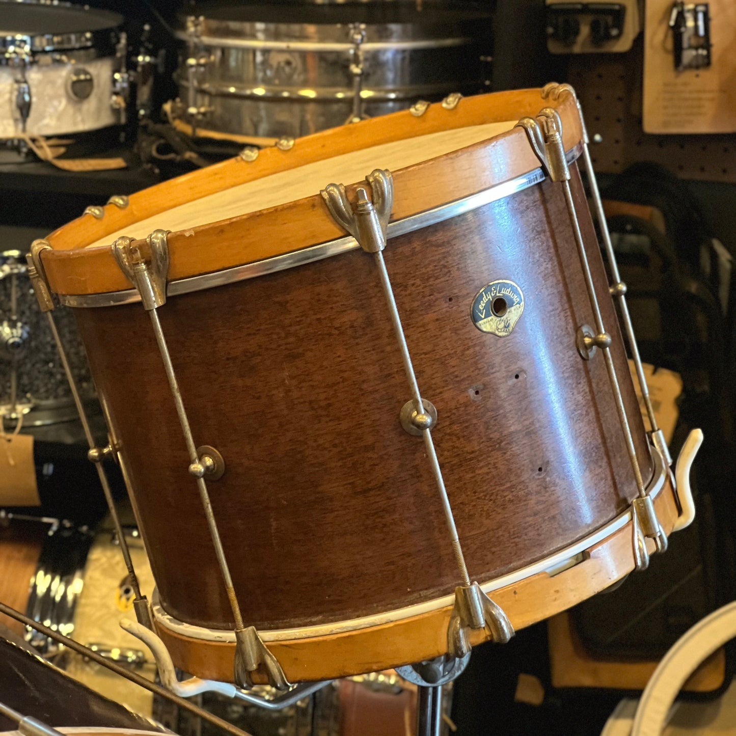 VINTAGE 1940's Ludwig/Leedy & Ludwig Wood Hoop Field Drum Kit in Natural Mahogany- 14x30, 10x14, 14x16