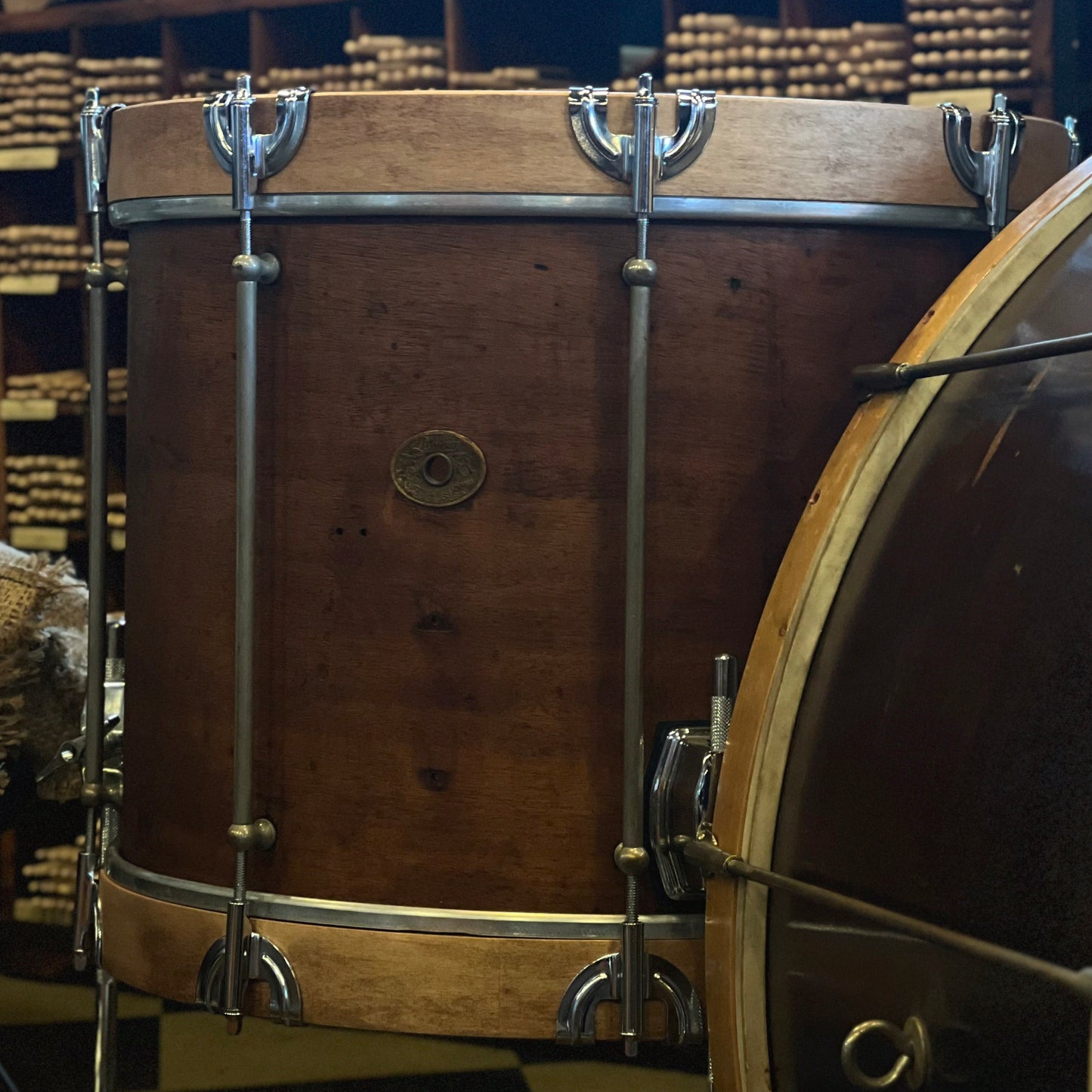 VINTAGE 1940's Ludwig/Leedy & Ludwig Wood Hoop Field Drum Kit in Natural Mahogany- 14x30, 10x14, 14x16