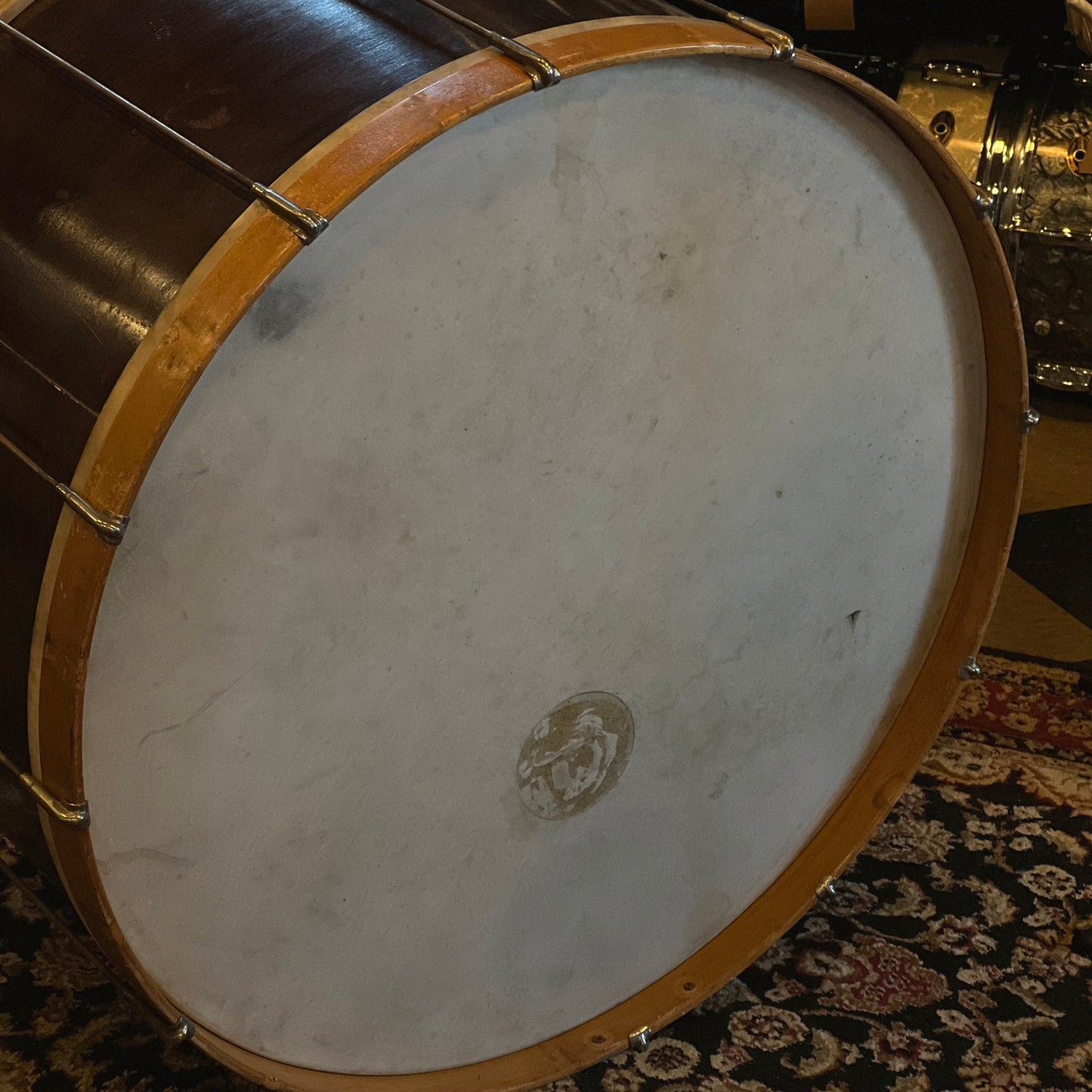 VINTAGE 1940's Ludwig/Leedy & Ludwig Wood Hoop Field Drum Kit in Natural Mahogany- 14x30, 10x14, 14x16