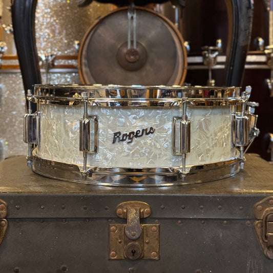 VINTAGE 1960's Rogers 5x14 Cleveland Era Tower Model Snare Drum in White Marine Pearl