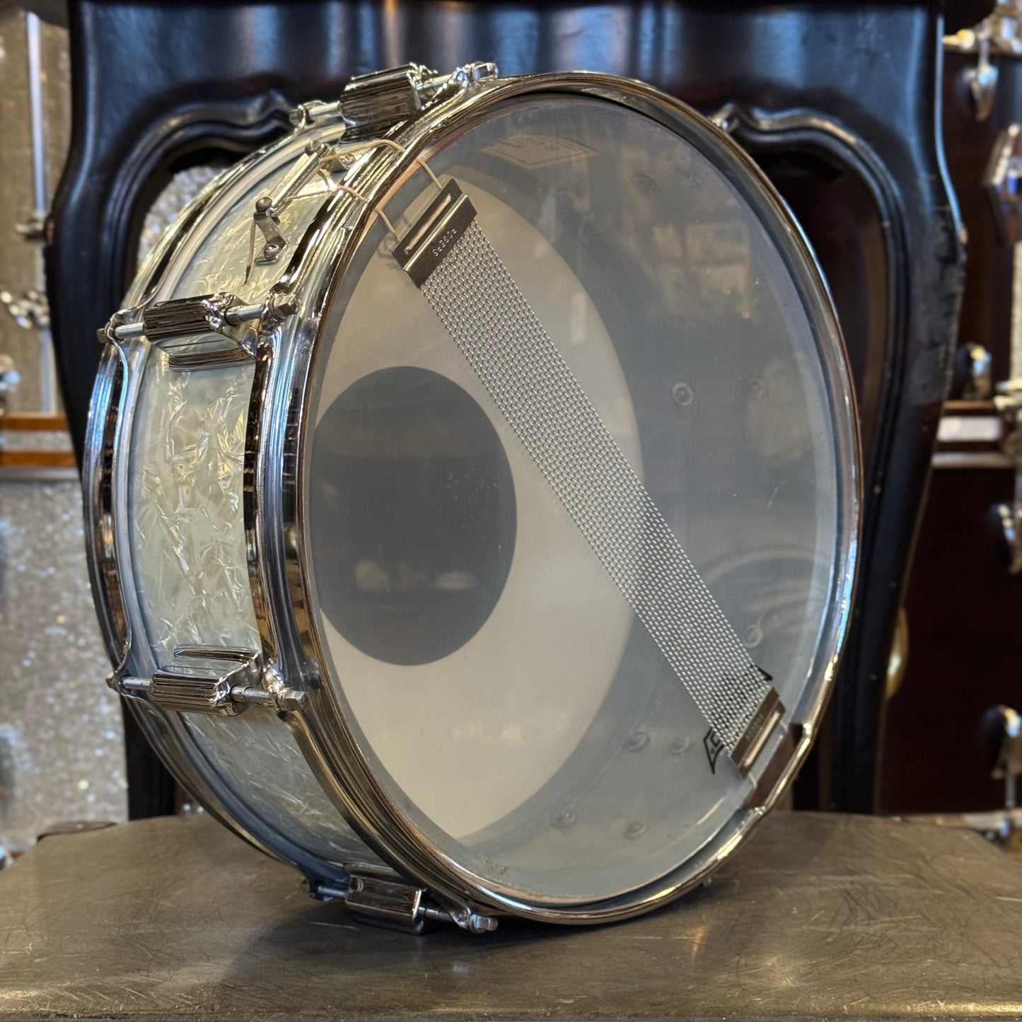 VINTAGE 1960's Rogers 5x14 Cleveland Era Tower Model Snare Drum in White Marine Pearl