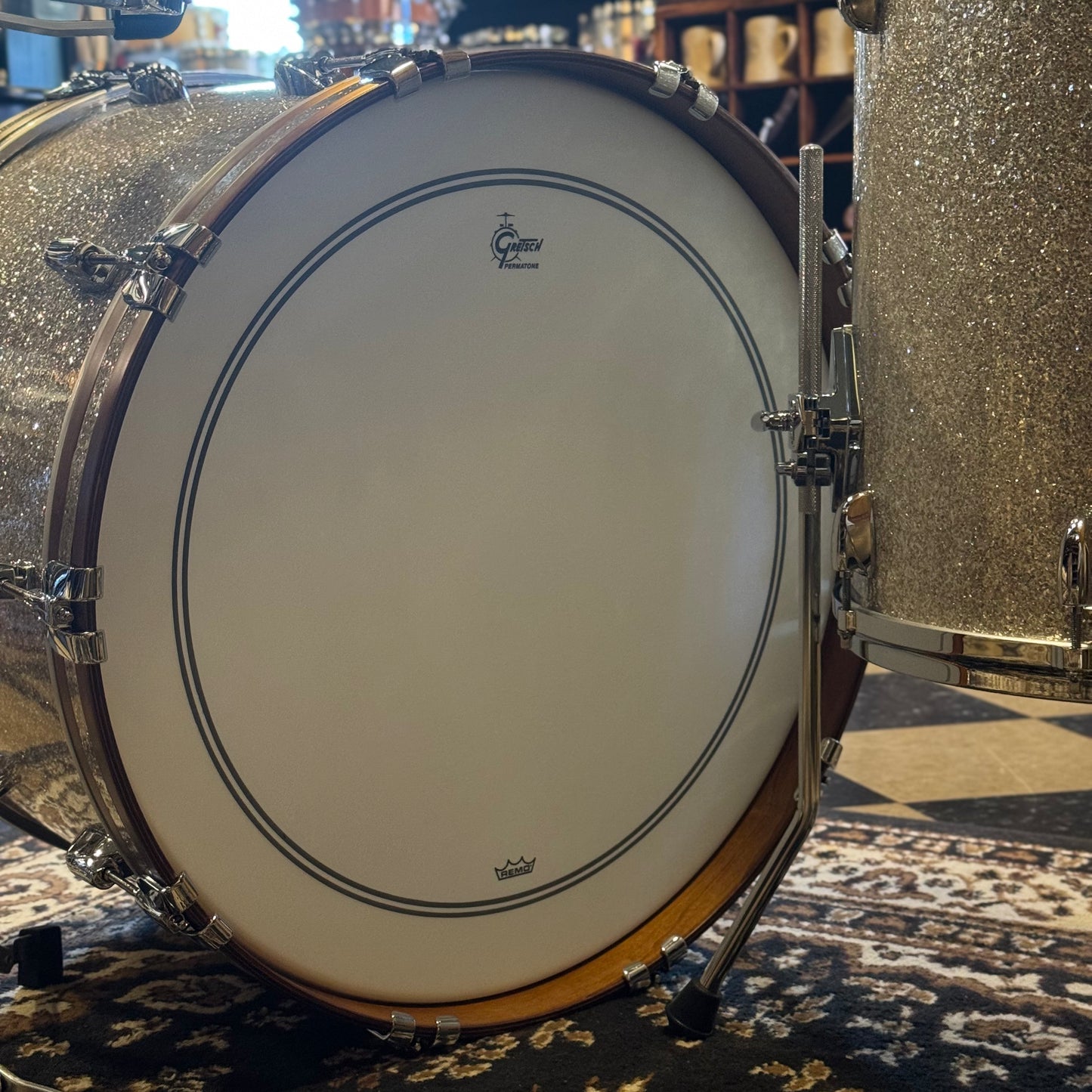 NEW Gretsch USA Custom in Silver Glass Glitter w/ Satin Mahogany Bass Drum Hoops - 14x22, 9x13, 16x16