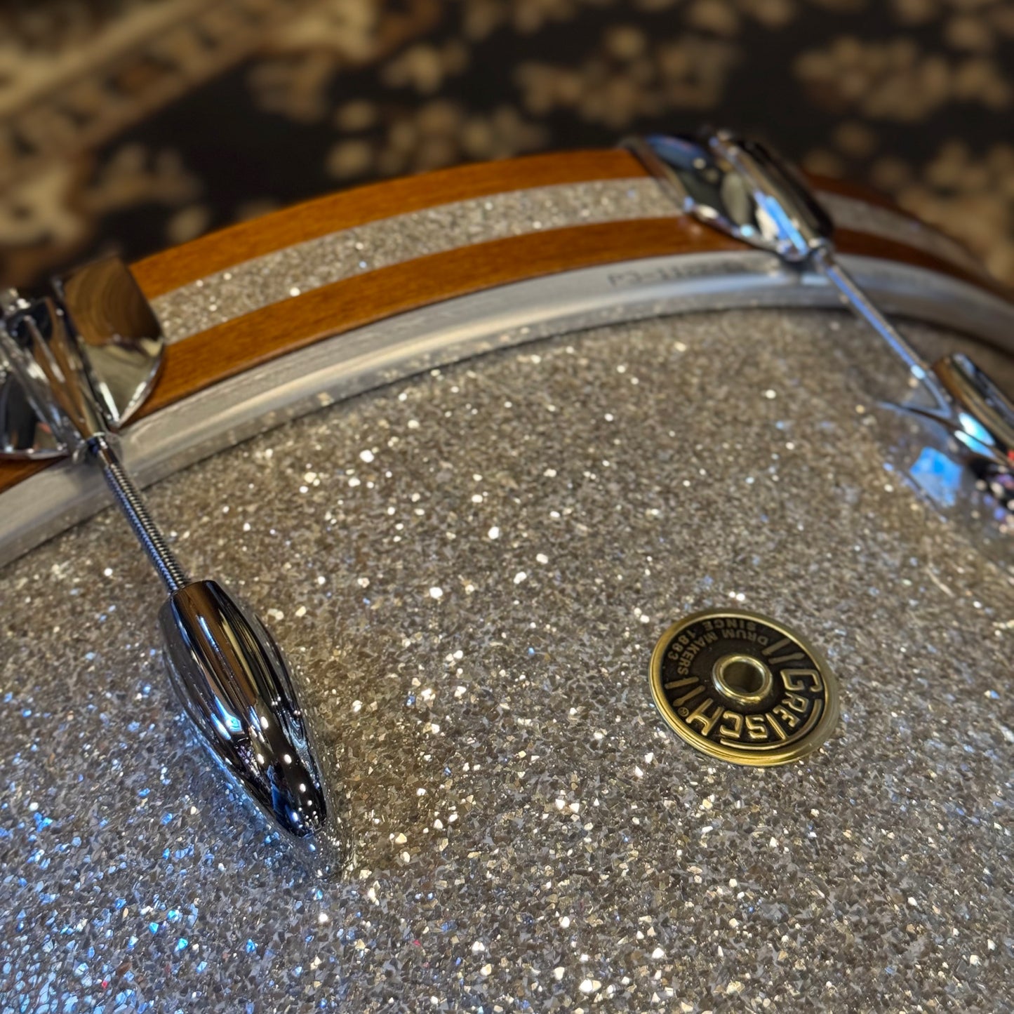 NEW Gretsch USA Custom in Silver Glass Glitter w/ Satin Mahogany Bass Drum Hoops - 14x22, 9x13, 16x16