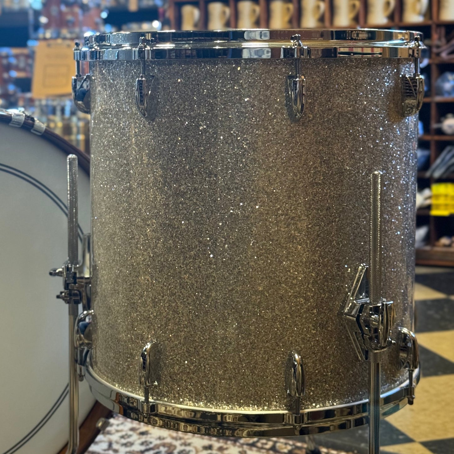 NEW Gretsch USA Custom in Silver Glass Glitter w/ Satin Mahogany Bass Drum Hoops - 14x22, 9x13, 16x16