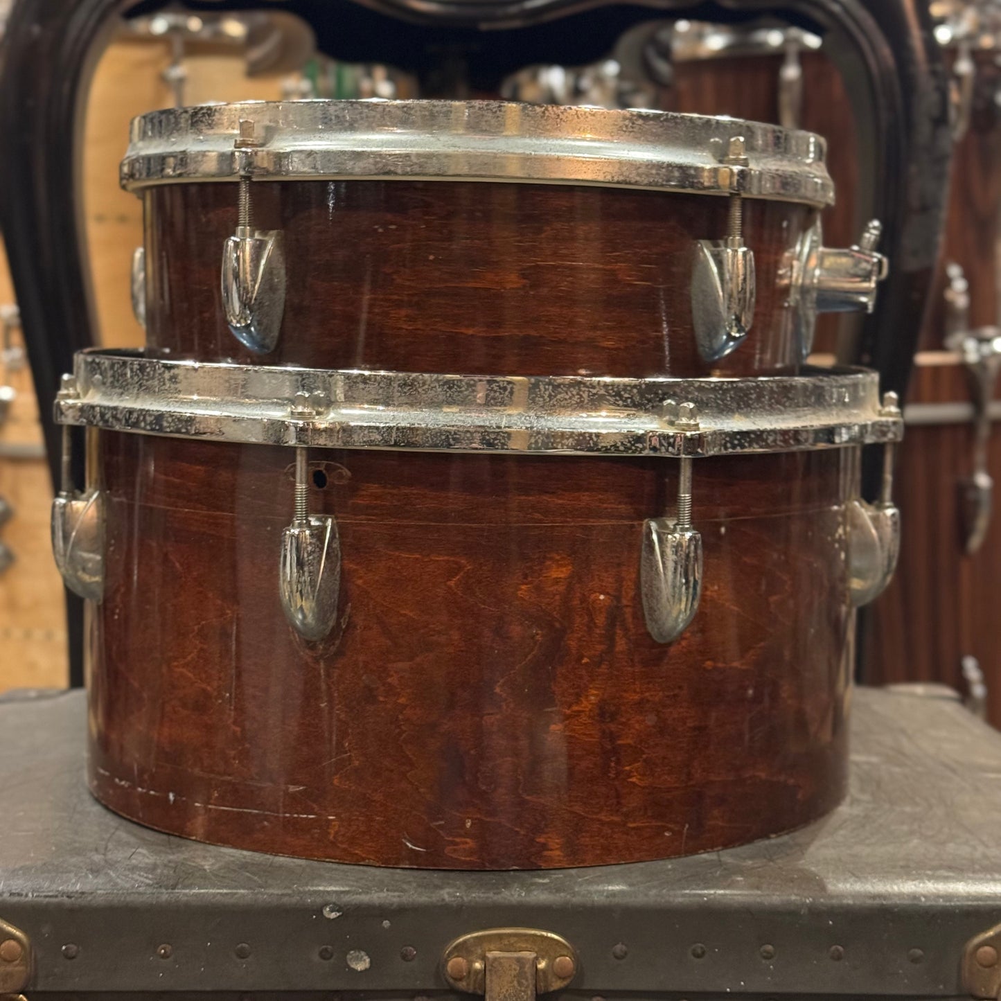 VINTAGE 1970's Professional Drum Shop 12" and 14" Cut Down Toms in Walnut Lacquer