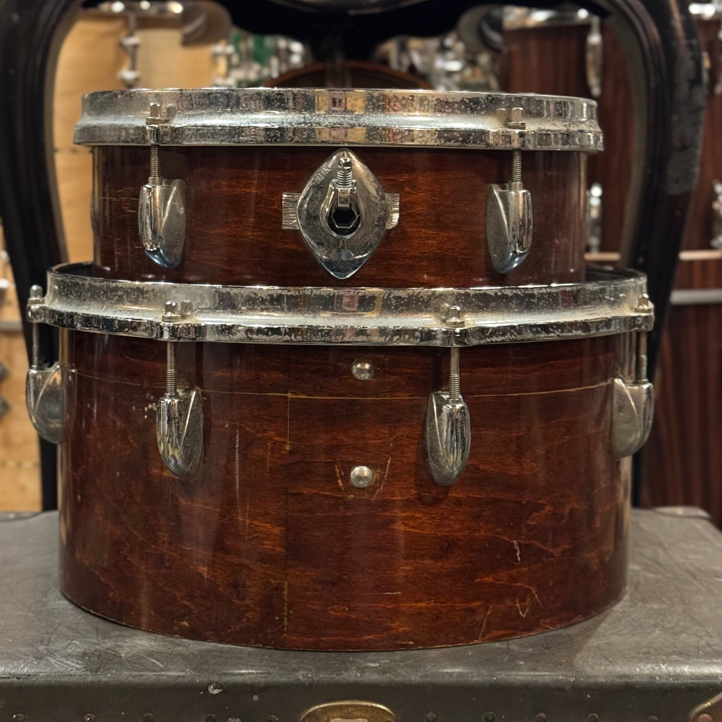 VINTAGE 1970's Professional Drum Shop 12" and 14" Cut Down Toms in Walnut Lacquer