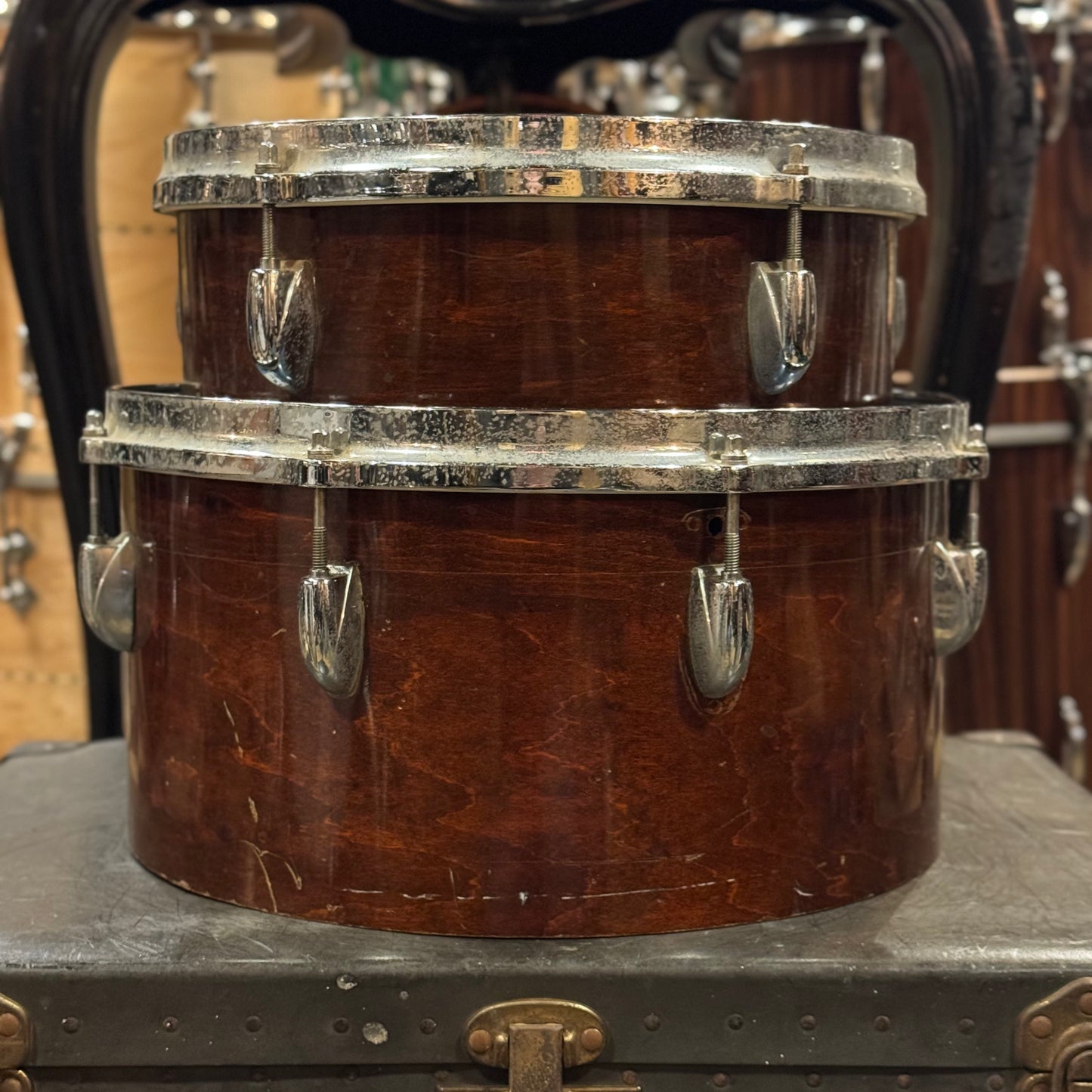 VINTAGE 1970's Professional Drum Shop 12" and 14" Cut Down Toms in Walnut Lacquer