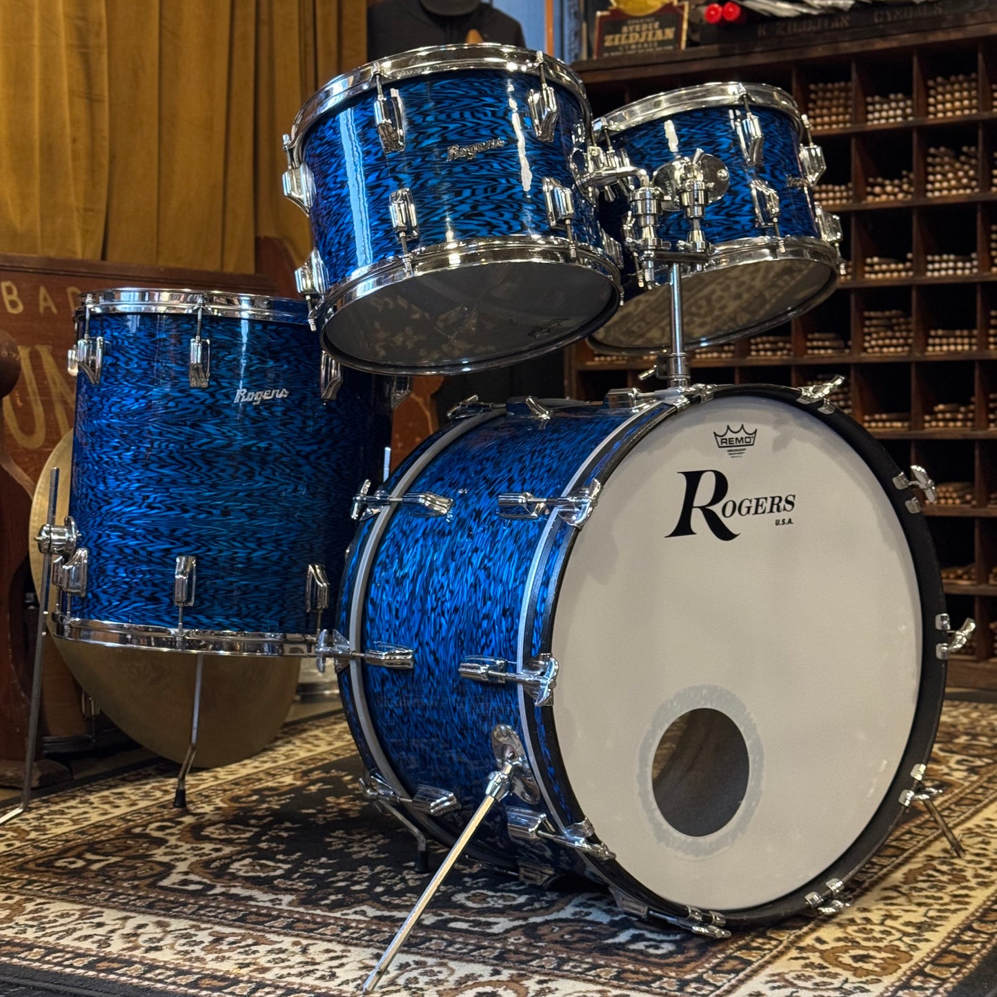 VINTAGE 1970's Rogers Fullerton Era "Powertone" Outfit in Blue Onyx - 14x22, 8x12, 9x13, 16x16