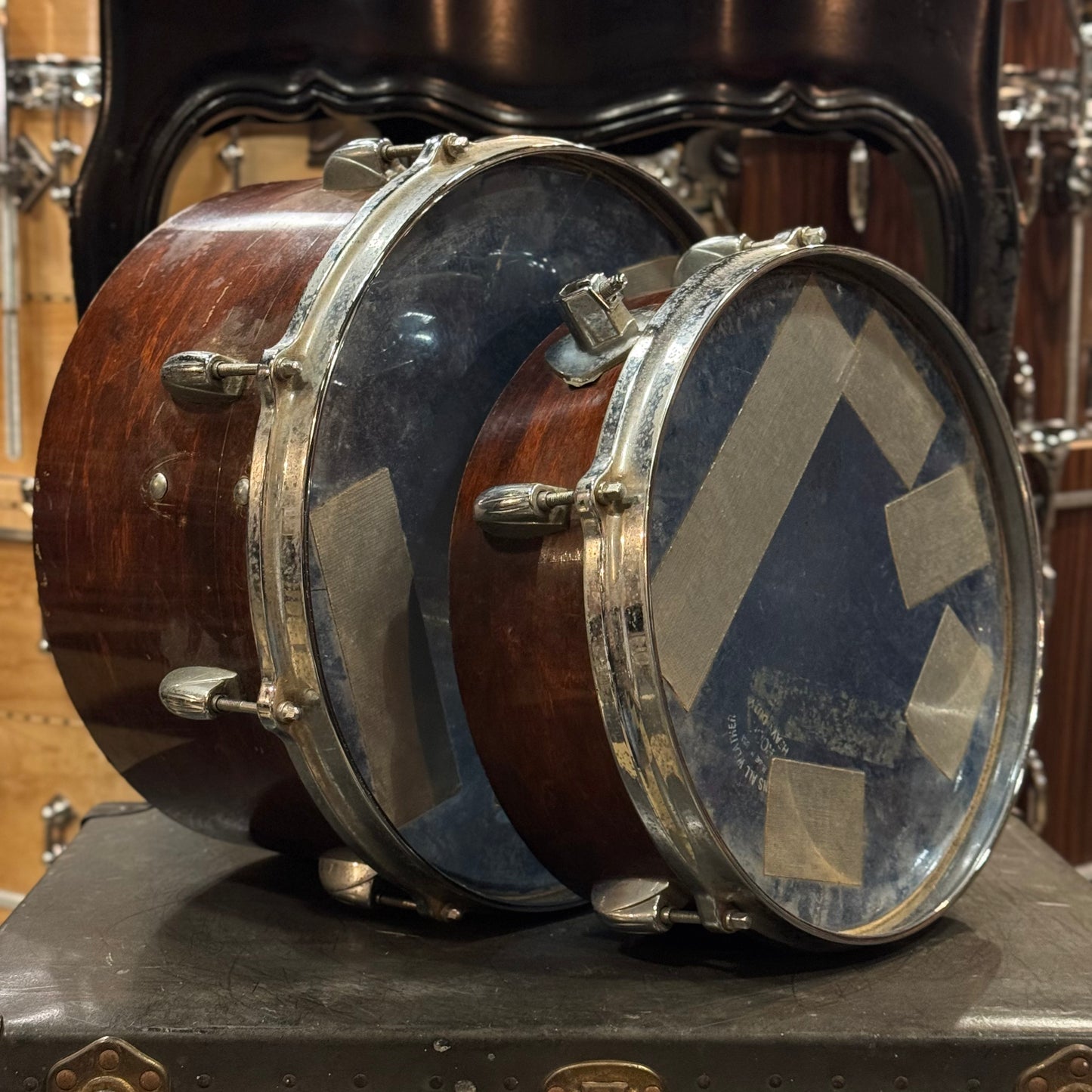 VINTAGE 1970's Professional Drum Shop 12" and 14" Cut Down Toms in Walnut Lacquer