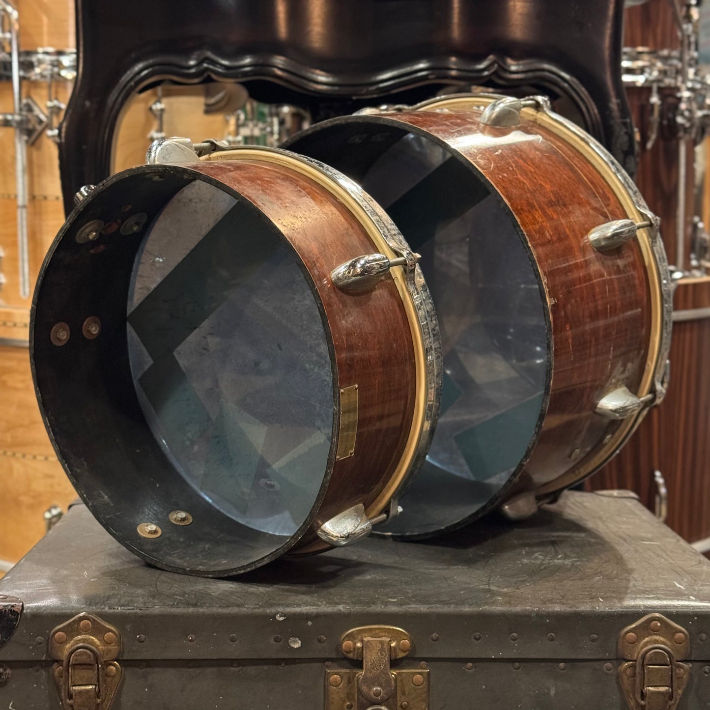 VINTAGE 1970's Professional Drum Shop 12" and 14" Cut Down Toms in Walnut Lacquer