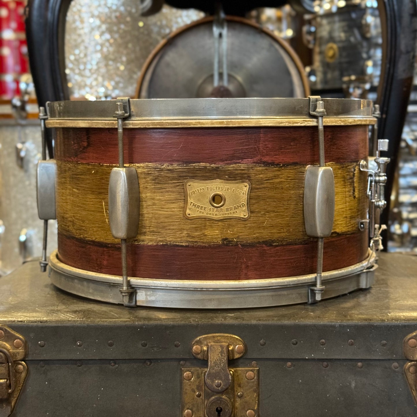 VINTAGE 1940's Joseph Rogers & Sons 6.5x14 Six Lug Snare Drum in Two Tone Mahogany