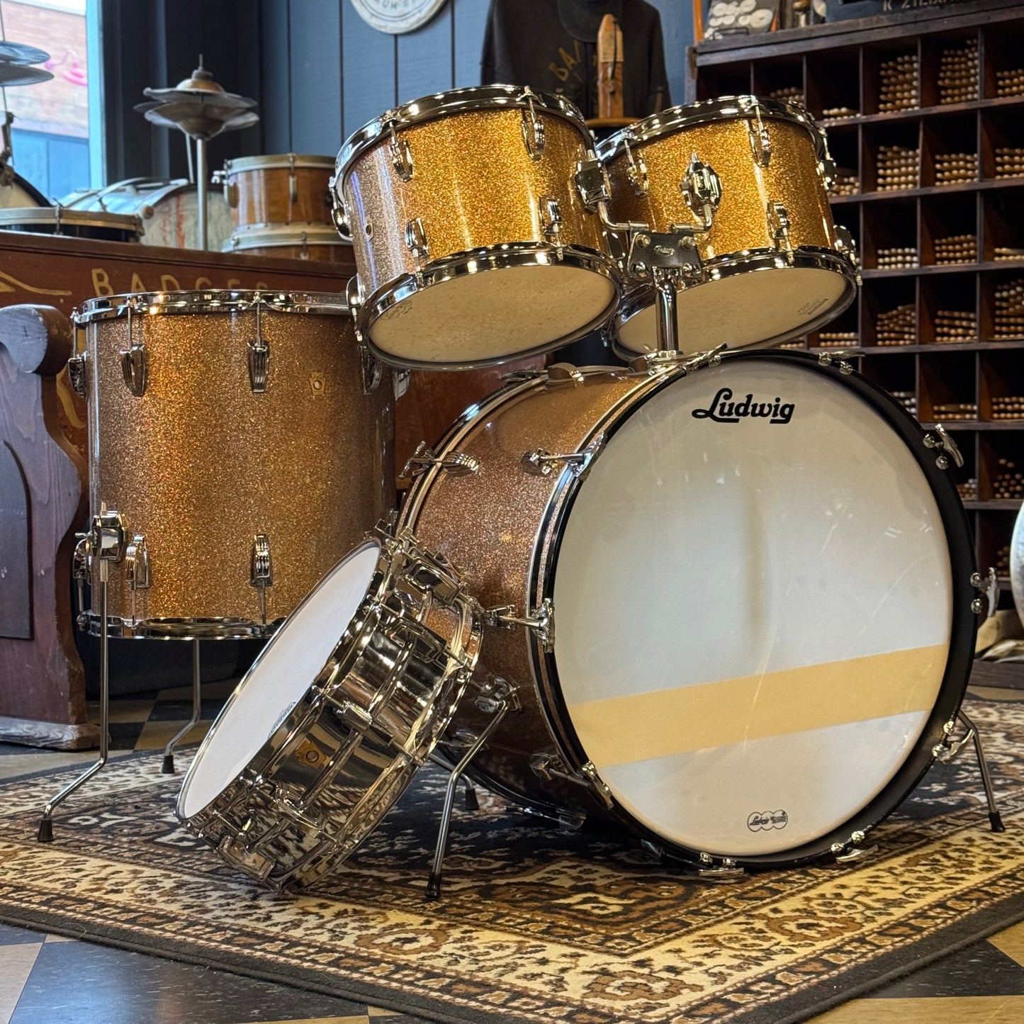 VINTAGE 1966 Ludwig Hollywood Outfit in Champagne Sparkle w/ Lm400 Snare Drum - 14x22, 8x12, 8x12, 16x16, 5x14